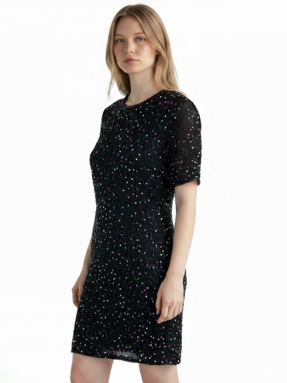 VTG Silk Sequin Beaded Dress Party‎ 80s Sparkle NYE 90s Glam Cocktail Size Large